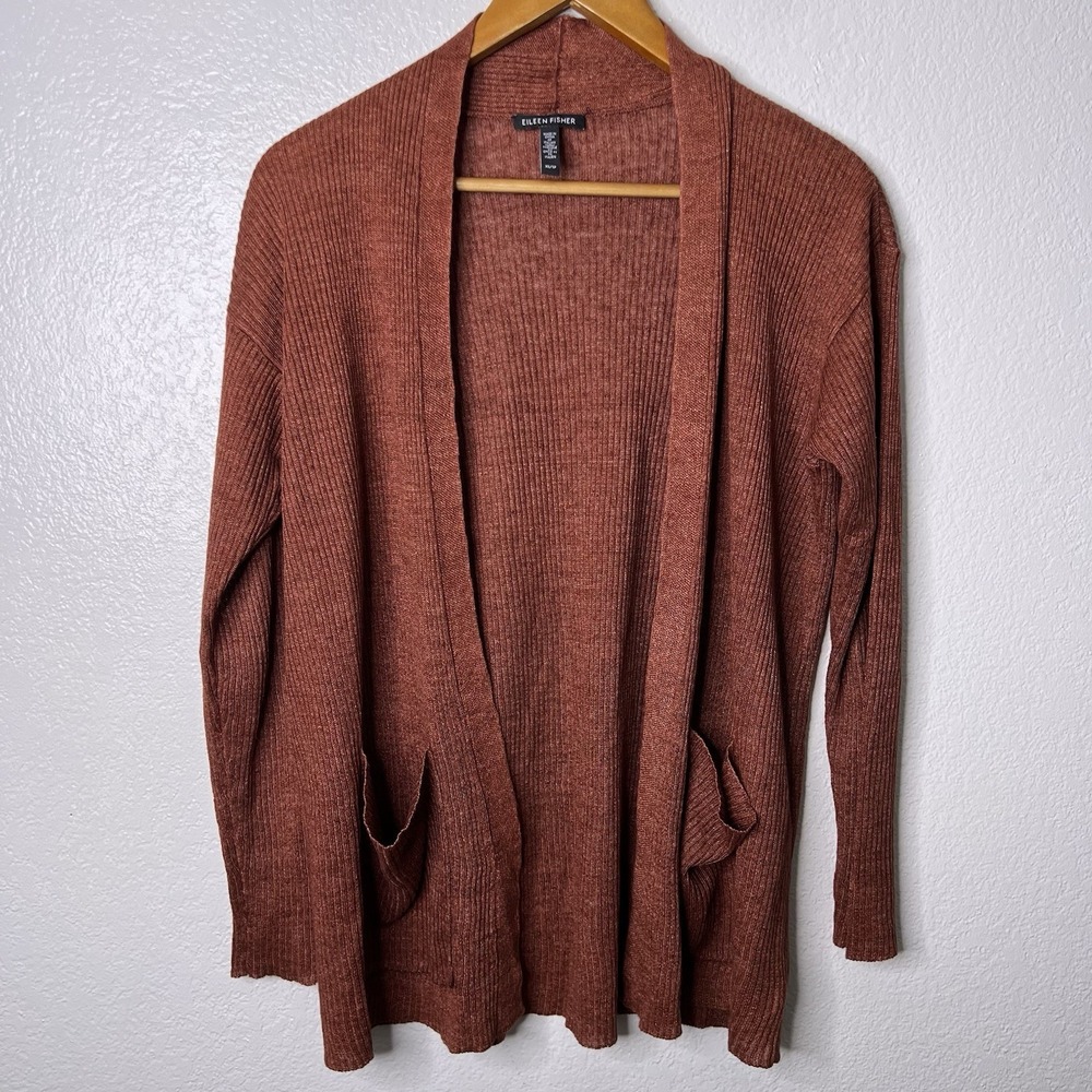 Eileen Fisher Organic Linen Ribbed Open Cardigan Rust Orange XS Pockets - Picture 2 of 8